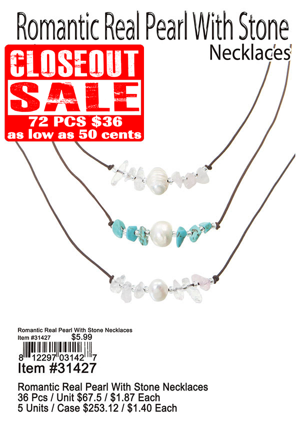 Romantic Real Pearl with Stone Necklaces - Closeout 72 Pcs.